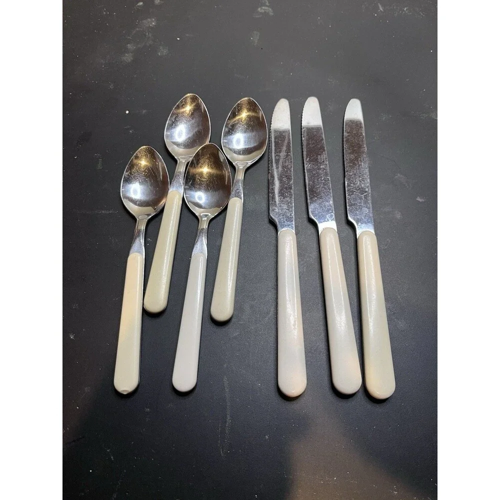 Vintage 7pc Stainless Steel Alco White Handle Flatware MCM Retro Silverware